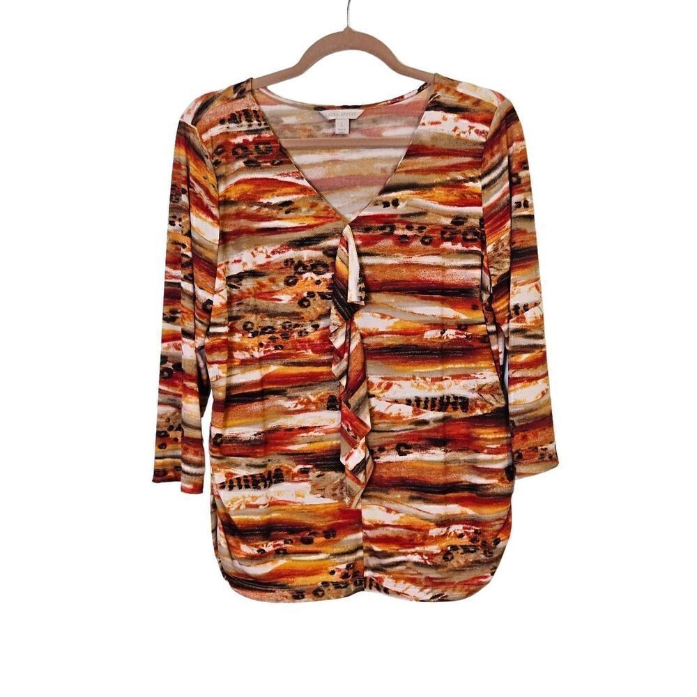 Laura Ashley burnt orange/black/white  V-neck top. Size L.